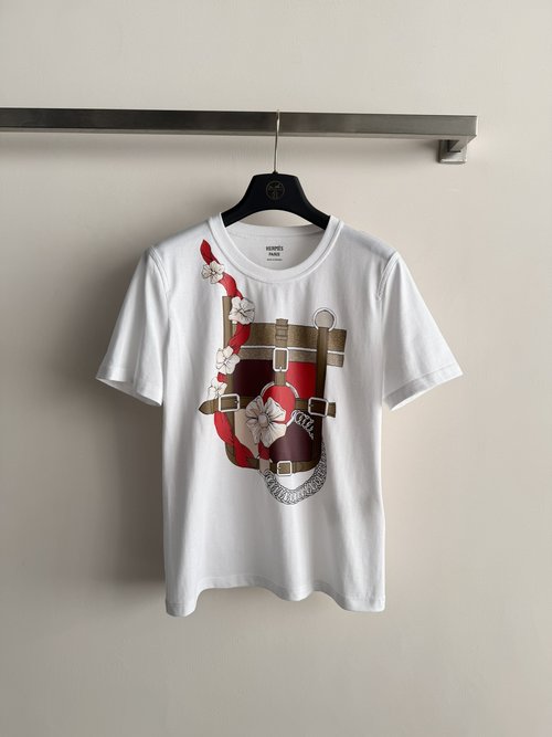 Hermes Printed Floral Chain Pattern Cotton T-Shirt, Stylish and Comfortable