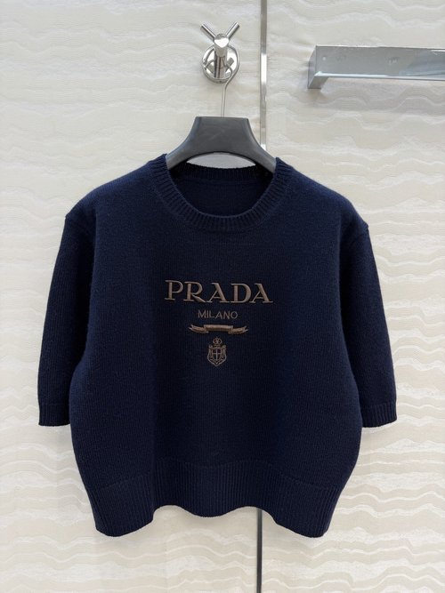 Prada High-end 3D Embroidery Cashmere Short-sleeved Sweater, Loose Fit