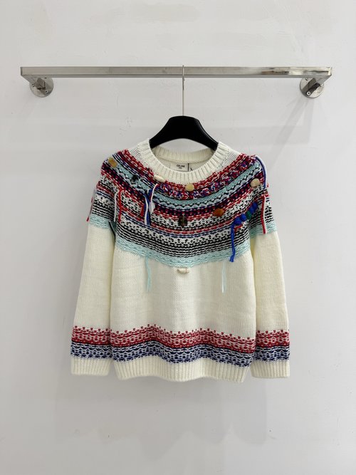 Celine Fair Isle Jacquard Knit Sweater with Tassels and Buttons