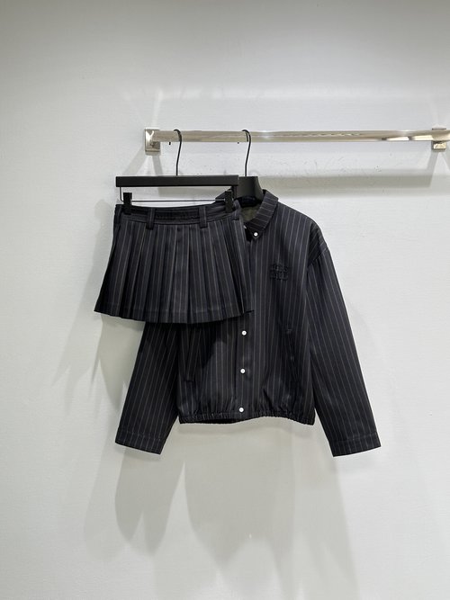 Miu Miu Fine Stripe Wool Mini Skirt with Fold Design