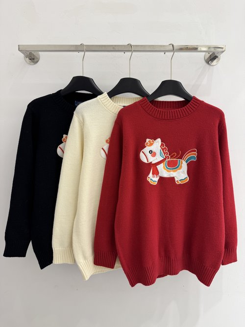Polo Ralph Lauren Round Neck Knit Sweater with Cartoon Pony Embroidery in Black, Beige and Red