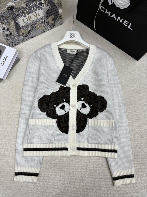 Fendi V-Neck Knit Cardigan with Double F Logo & Bear Embroidered, Stylish