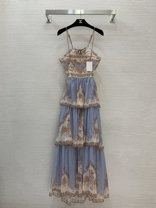 Zimmermann Vacation Retro Print Dress with Wave Edge and Ruffles