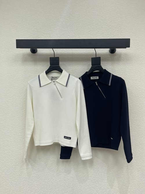 Miu Miu Half-Open Zip Collared Woolen Charming Knit Long Sleeve Sweater