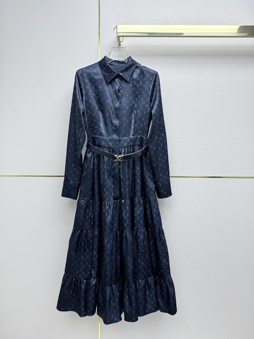 Louis Vuitton Vintage Floral Collared Dress with Tiered Skirt and Belt