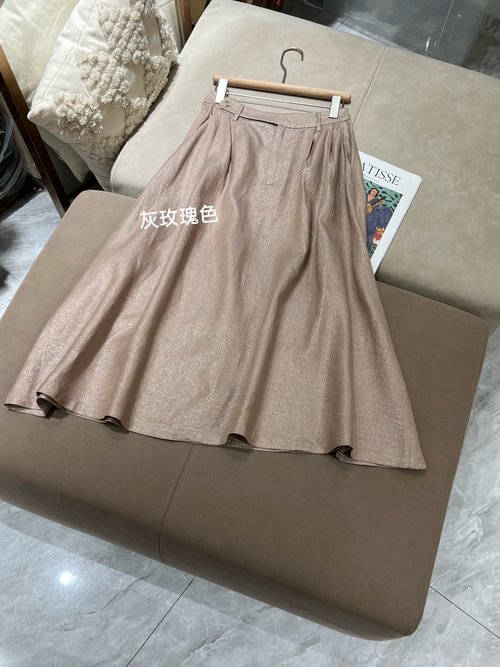 Brunello Cucinelli Sparkling Gold Thread Twill Linen Skirt in Ash Rose