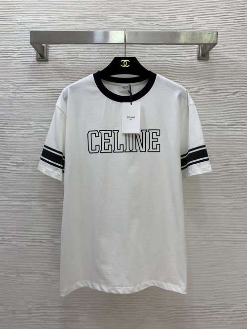 Celine White Printed Stripe T-Shirt with Contrast Collar