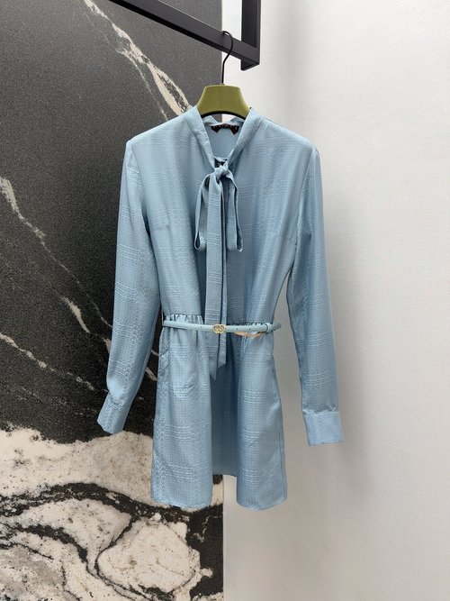 Gucci Double G Jacquard Silk Dress with Bow and Waist Belt