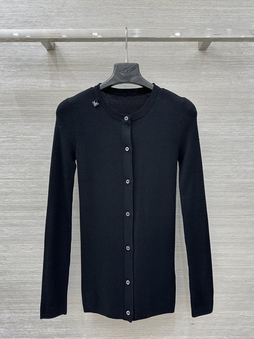 Prada Elegant High Collar Knit Cardigan with Metal Triangle Emblem