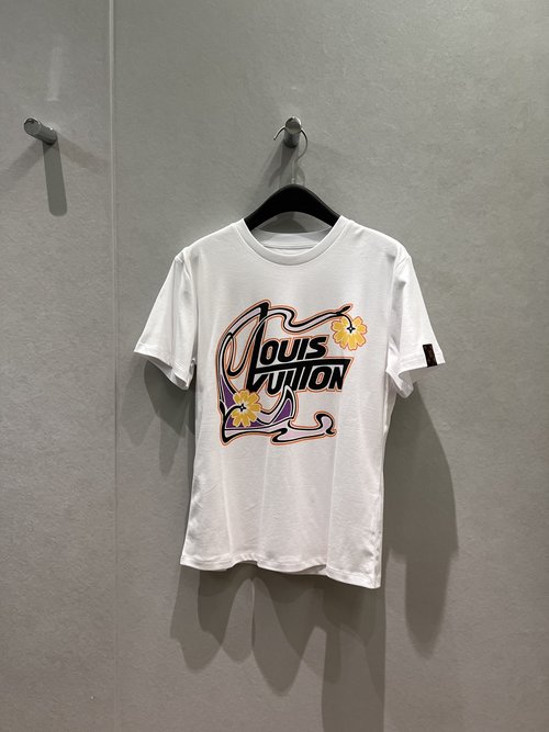 Louis Vuitton Logo Letter and Flower Print T-Shirt with Leather Cuff Label