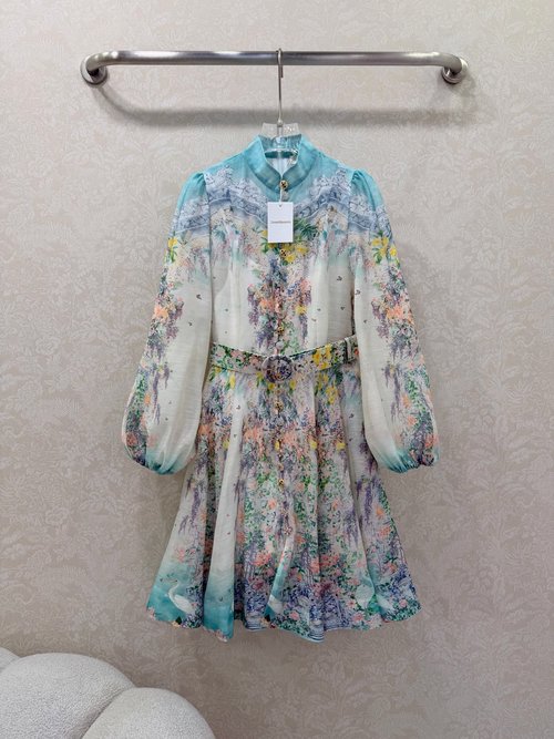 Zimmermann Stand-Collar Short Dress with Lantern Sleeves