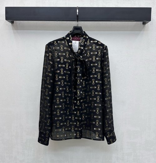 Gucci Silk Jacquard Shirt with Gold Double-G Logo and Bow