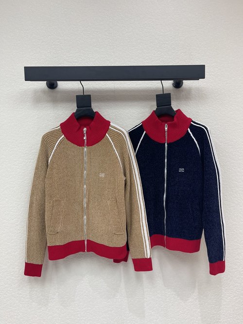 Celine Stand-up Collar Knit Cardigan with Arc de Triomphe Logo and Ribbed Design