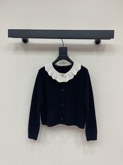 Louis Vuitton Black and White Ruffled Collar Knit Cardigan, Elegant Style