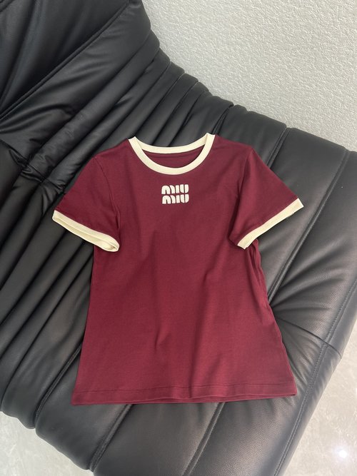 Miu Miu Red Letter Patchwork Short Sleeve Combed Cotton T-Shirt