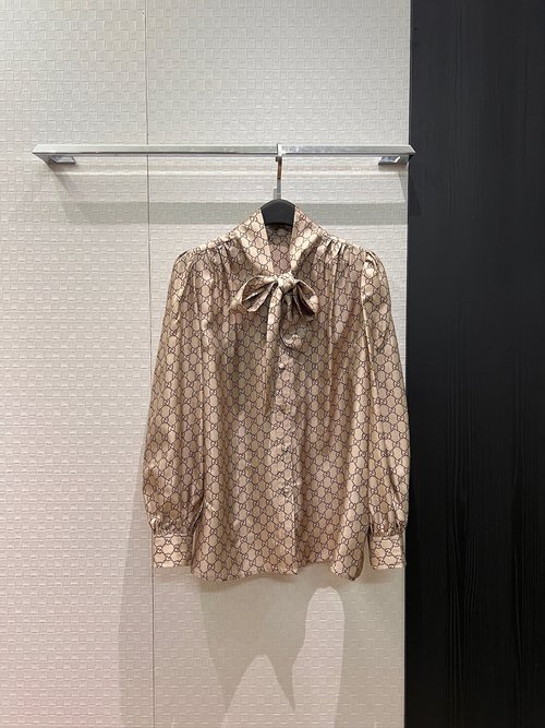 Gucci Classic Double G Print Silk Shirt with Bow and Sleeves