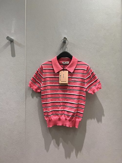 Miu Miu Early Spring Pink Striped Polo Knit Top with Embroidery