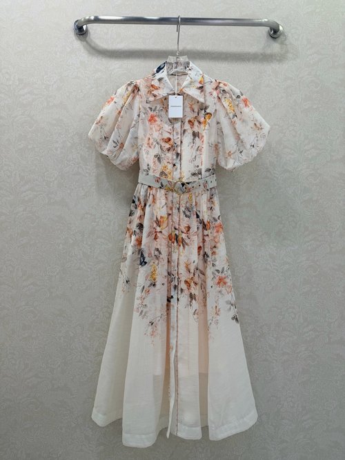 Zimmermann Flax Floral Print Balloon Sleeve Waist Dress