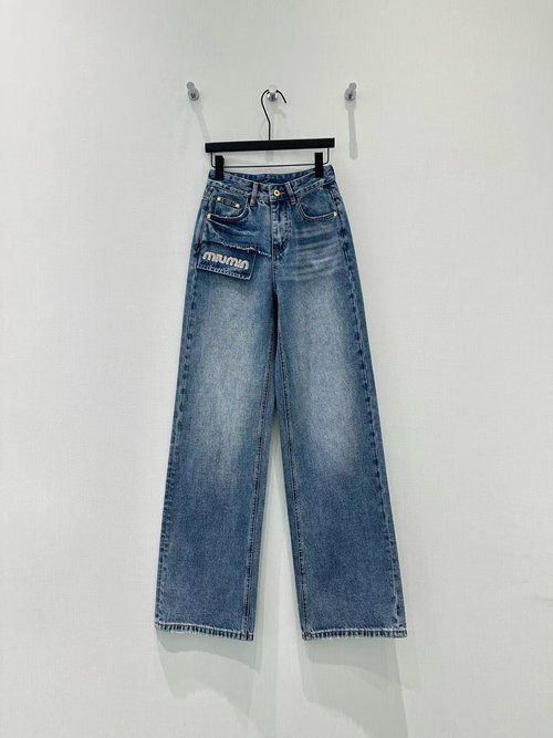 Miu Miu High-Waisted Distressed Denim Wide-Leg Pants with Rhinestone Letters