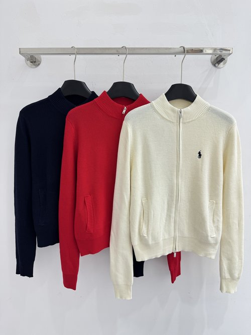 Polo Ralph Lauren Solid Color Standing Collar Two-Zipper Woolen Top in Red, Beige, Navy