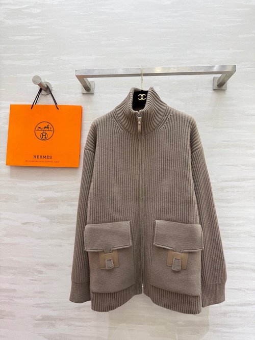 Hermes New Knit Sweater with Leather Pockets, Comfortable