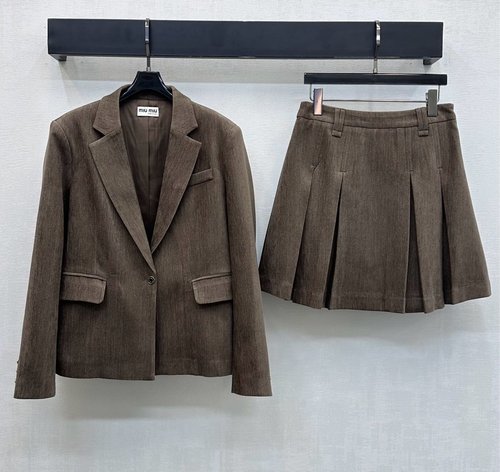Miu Miu Collar Blazer & Pleated Skirt Set in Custom Imported Cotton