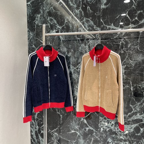 Celine Contrast Collared Knitted Cardigan in Red and White