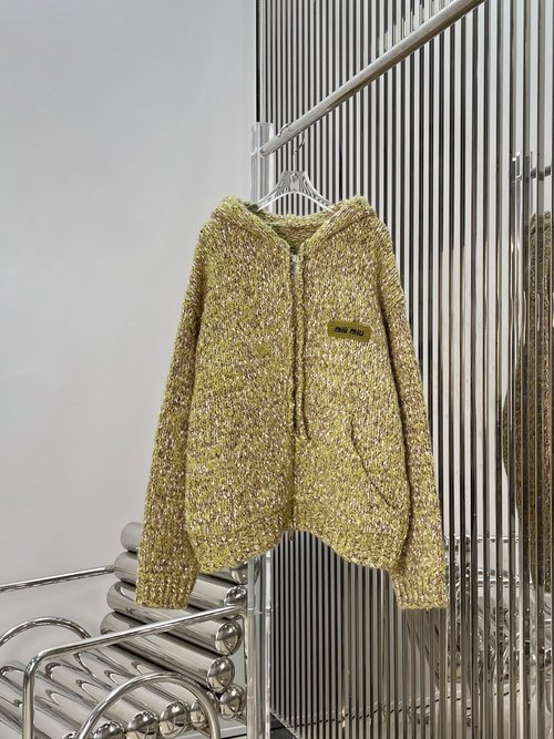 Miu Miu Caramel Macchiato Blend Yarn Fur Collar Knit Cardigan