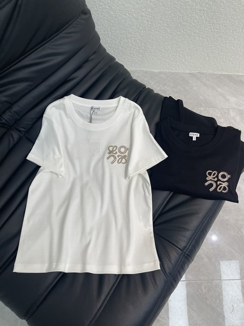 Loewe Solid Embroidered Logo Cotton Round Neck T-Shirt