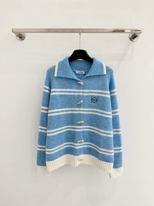 Loewe Blue and White Striped Knit Cardigan with Logo Embellishment