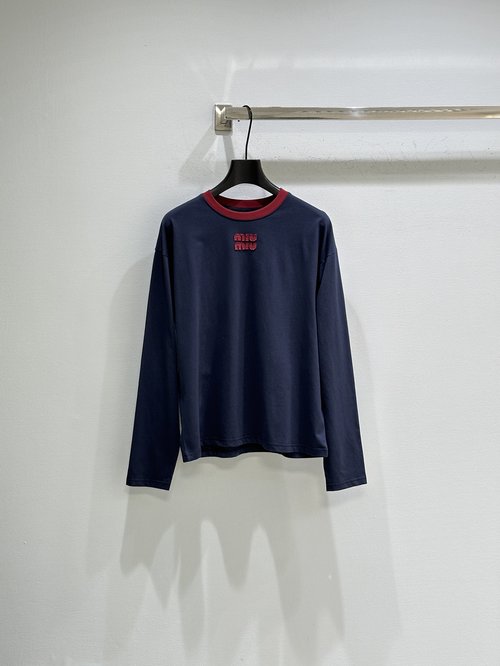 Miu Miu Lake Blue Long-Sleeve T-Shirt with Red Collar and Logo