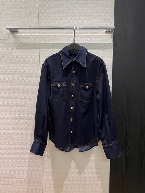 Celine Denim Shirt with Lantern Sleeves and Pocket, Loose Style