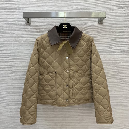 Burberry Side-slit Checked Cotton Coat with Leather Collar