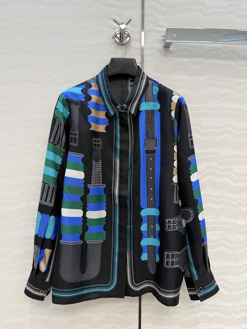 Hermes Original Silk Shirt with Belt-loop Pattern and All-over Printing