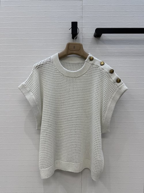 Brunello Cucinelli High-End Lacy Knit Vest with Italian Beads and Weaving