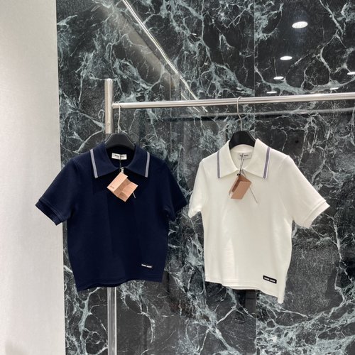 Miu Miu Chic College-Style Zip-Up Short-Sleeve Top