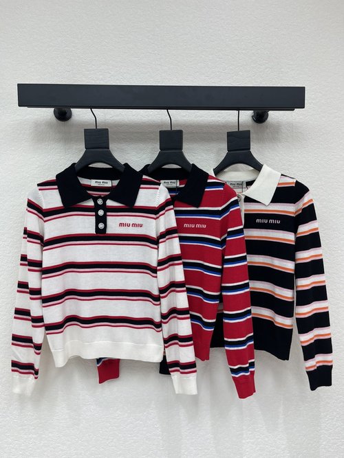 Miu Miu Plaid Collared Long-Sleeve Knit Top with Logo Decoration