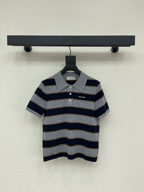 Miu Miu Stripe Knit Short-sleeve Top with Embroidered Logo