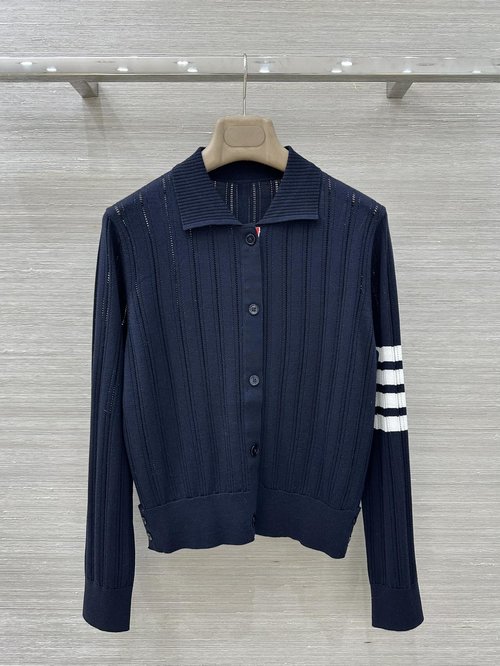Thom Browne Exclusive TB Style Silk - Wool Polo Cardigan with Ribbon Design