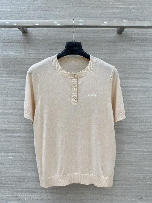 Miu Miu Popular Miu-style Henry Collar Knitted Short Sleeve Sweater