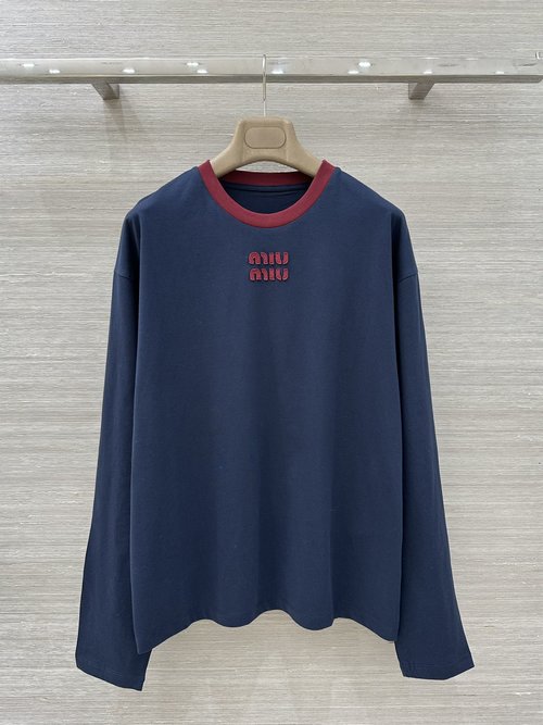Miu Miu Miu Aesthetic Round Neck Cotton Long-Sleeved T-Shirt