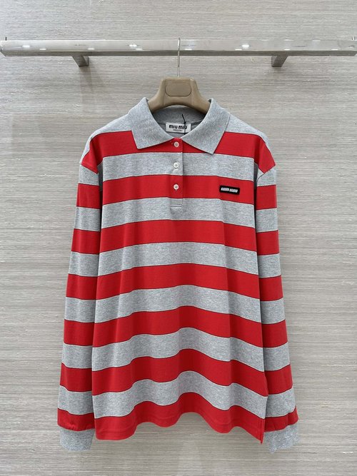 Miu Miu Intellectual Striped Polo Collar Long Sleeve T-shirt with Logo