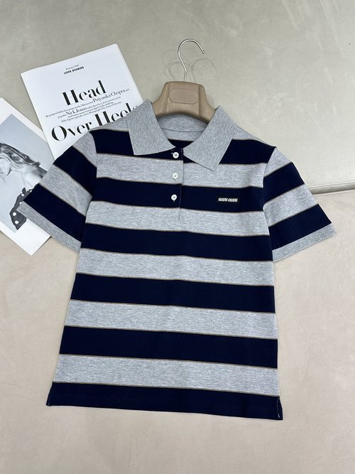 Miu Miu Miu-style Grey-blue Striped Polo T-shirt, Classic and Fashionable