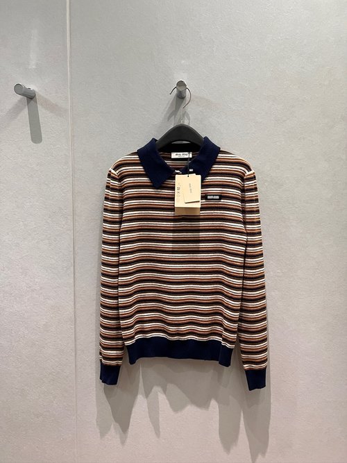Miu Miu Fashionable Pinstriped Polo Collar Knitted Top
