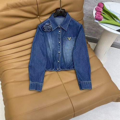 Valentino Vintage Flower - decorated Denim Shirt with Metal V - logo