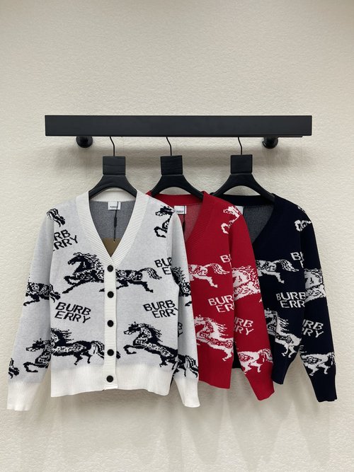 Burberry Custom Wool V-neck Cardigan with War Horse Embroidery, Elegant