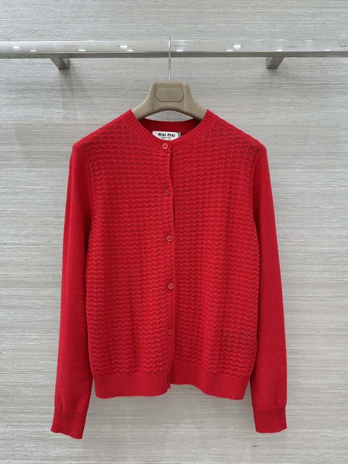 Miu Miu Exclusive New Year Red 100% Wool Knit Cardigan with Hollow Logo