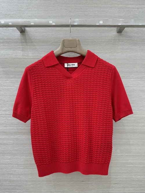 Miu Miu Exclusive New Year Red 100% Wool Knit Polo T-shirt with Hollow Logo
