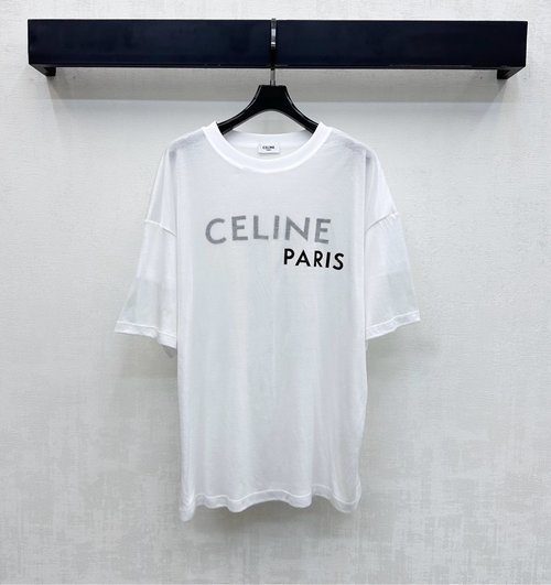 Celine Imported Tencel Cotton T-shirt with Logo and Stripe Collar