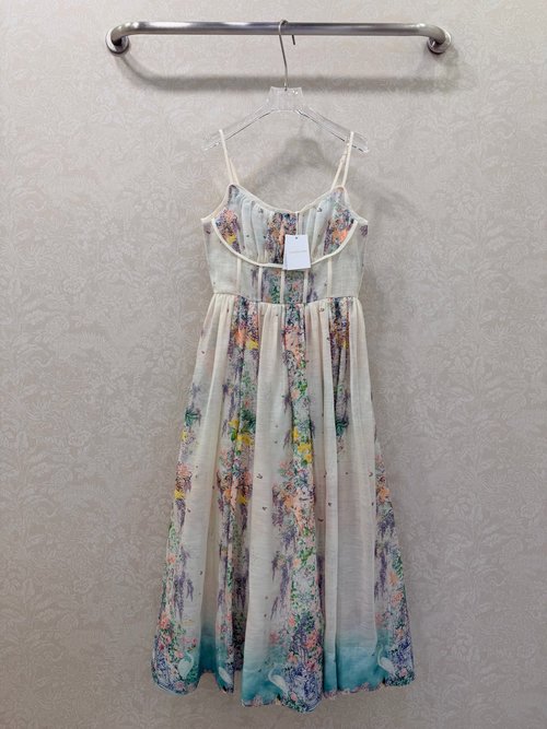Zimmermann Sling Dress with Floral Cluster Print and Waist Tuck